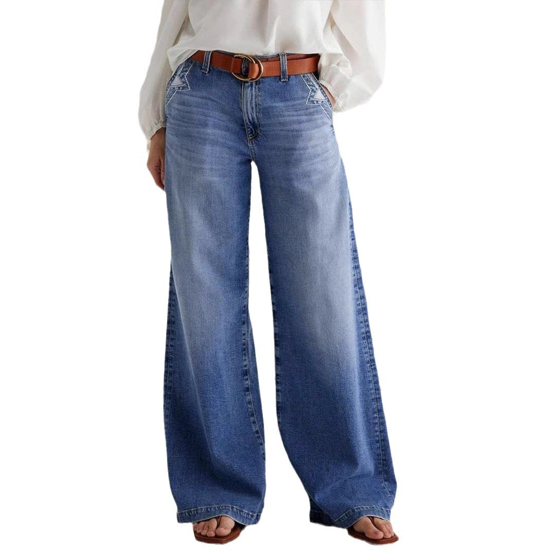 Women's Denim Straight-Leg Trouser – High Waist Embroidered Detail