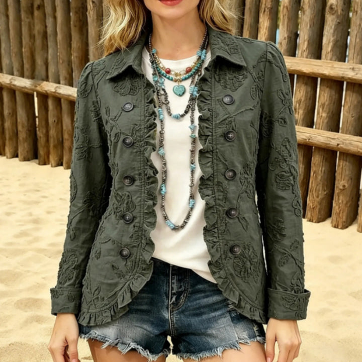 Women's Embroidered Blazer Jacket – Ruffle Trim Western Style