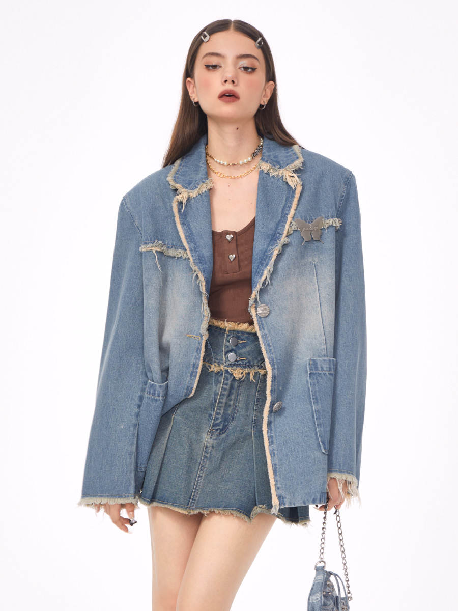 Denim Suit Jacket for Women, Relaxed Fit Single-Breasted Blazer
