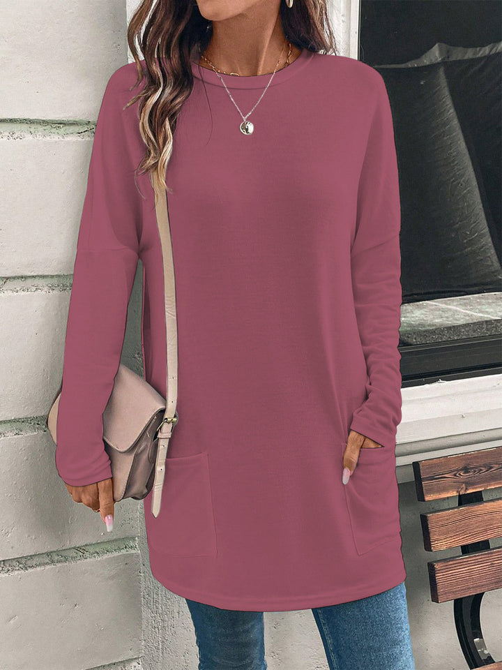 Women's Long Sleeve Cotton T-Shirt with Pocket – Relaxed Crew Neck