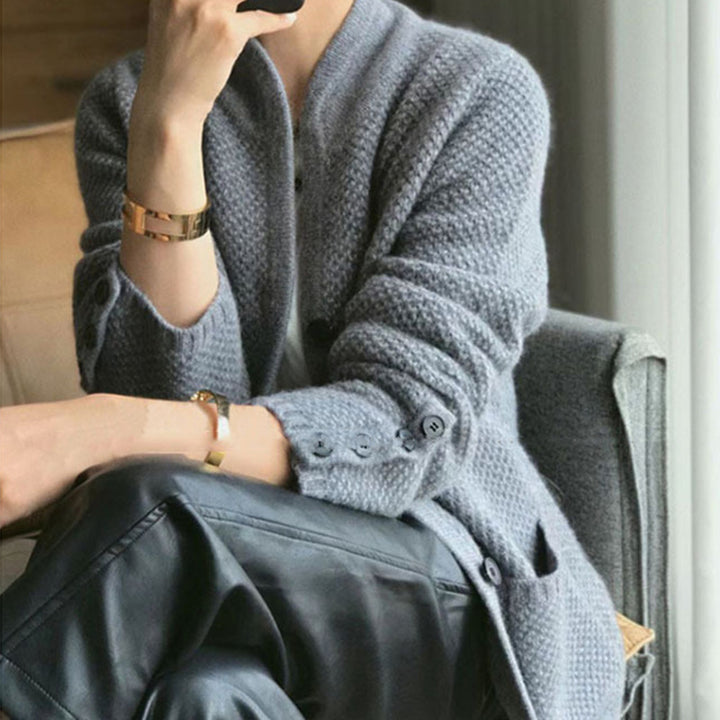 Women's Knit Cardigan – Textured Thick Stand Collar Button-Front