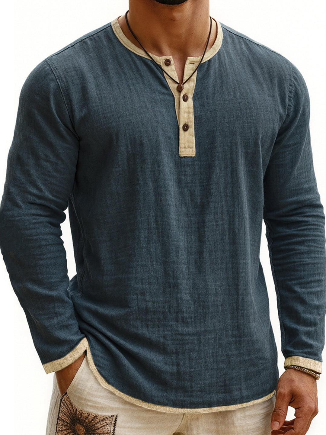 Men's Henley Shirt – Two-Tone, Slim Fit, Long Sleeve Pullover