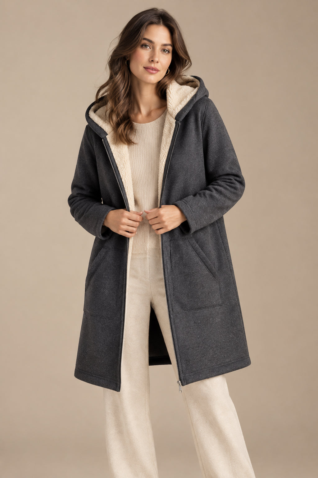 Women's Fleece Lined Mid Length Hooded Coat – Plush Layered Warmth