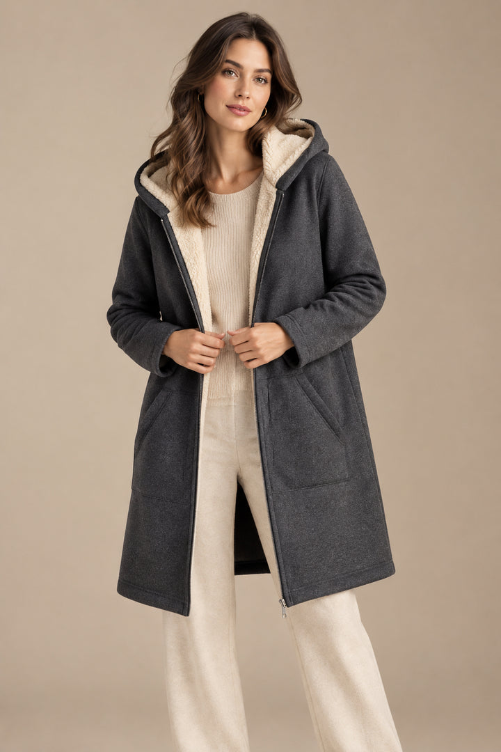 Women's Fleece Lined Mid Length Hooded Coat – Plush Layered Warmth
