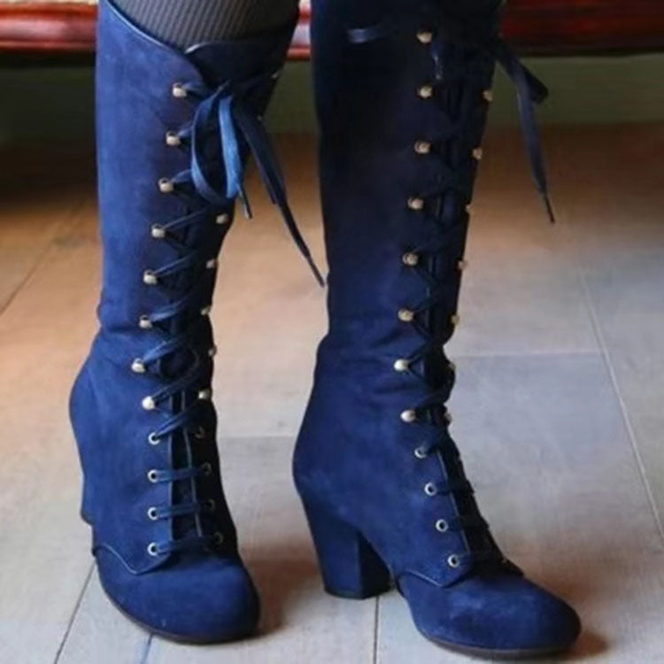 Women's Suede Lace-Up Mid-Heel Riding Boot – Chunky Heel Comfort