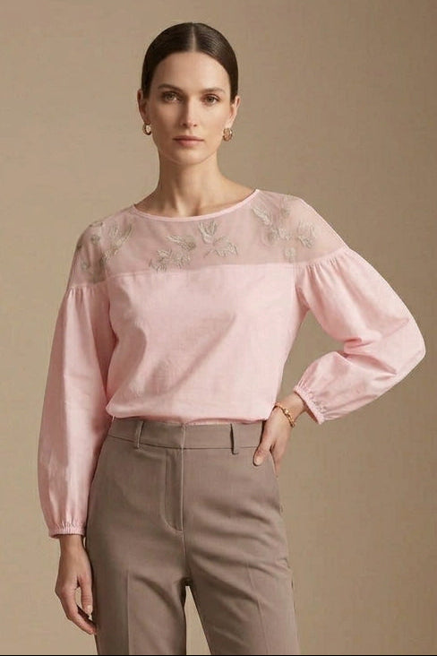Women's Chiffon Blouse – Mesh Stitch, Plant Print, Long Sleeve