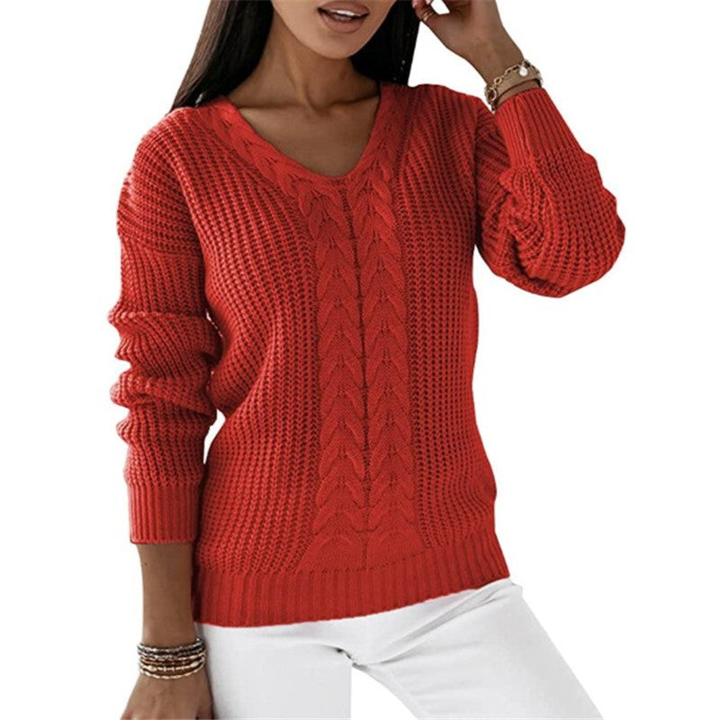Cable Knit Sweater – Women's Soft V-Neck Textured Pullover