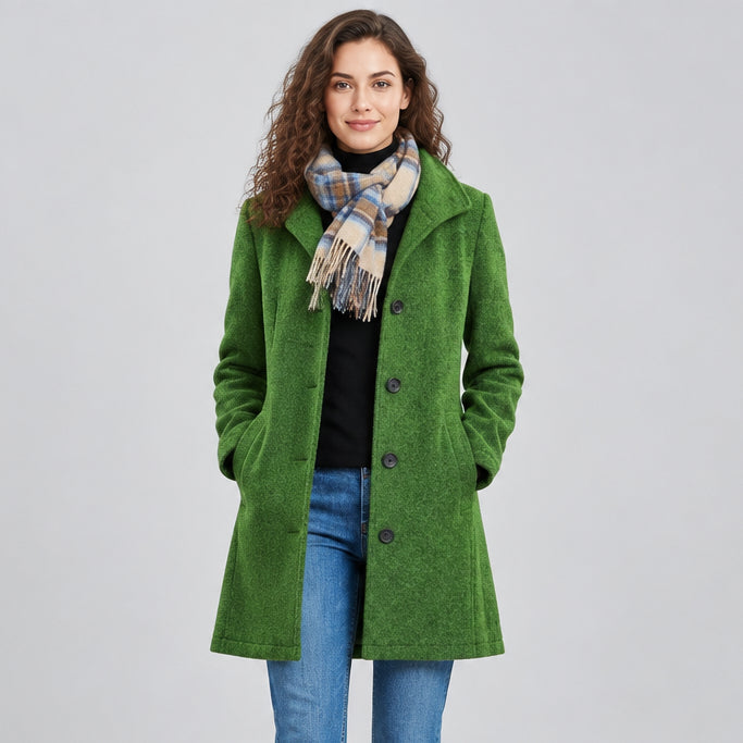 Women's Woolen Midi Coat – Slim Suit Collar and Long Sleeves