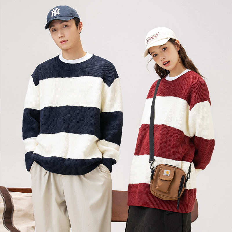 Unisex Striped Knit Sweater – Soft Cotton Relaxed Fit Pullover
