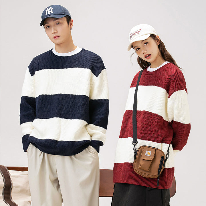 Unisex Striped Knit Sweater – Soft Cotton Relaxed Fit Pullover