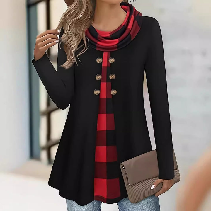Patchwork Cotton-Blend Long-Sleeve Top for Women with Button Detail