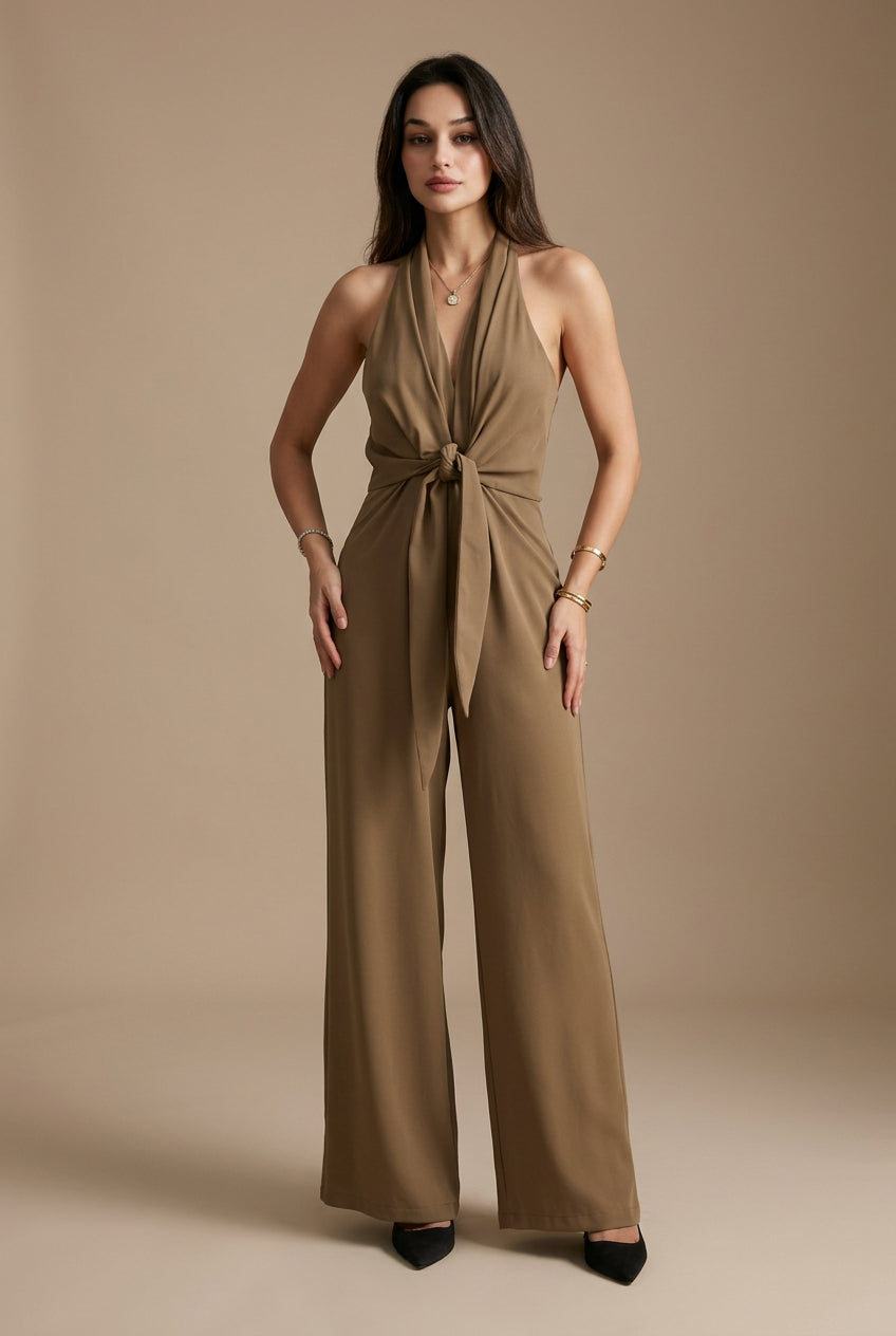Women's Linen Jumpsuit – Sleeveless V-Neck, Full Length, High Waist