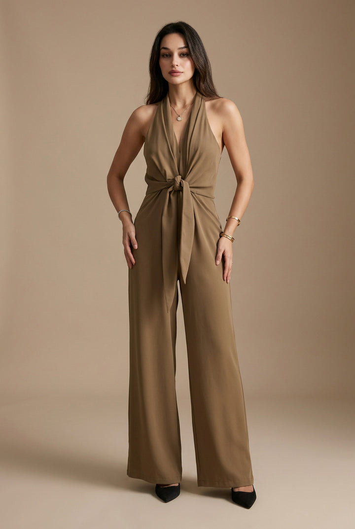 Women's Linen Jumpsuit – Sleeveless V-Neck, Full Length, High Waist
