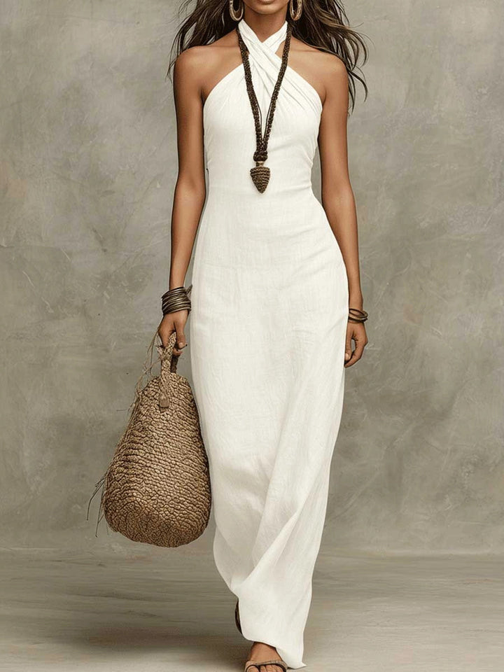 Women's Halter Neck A-Line Maxi Dress – Lace-Up Slim Fit