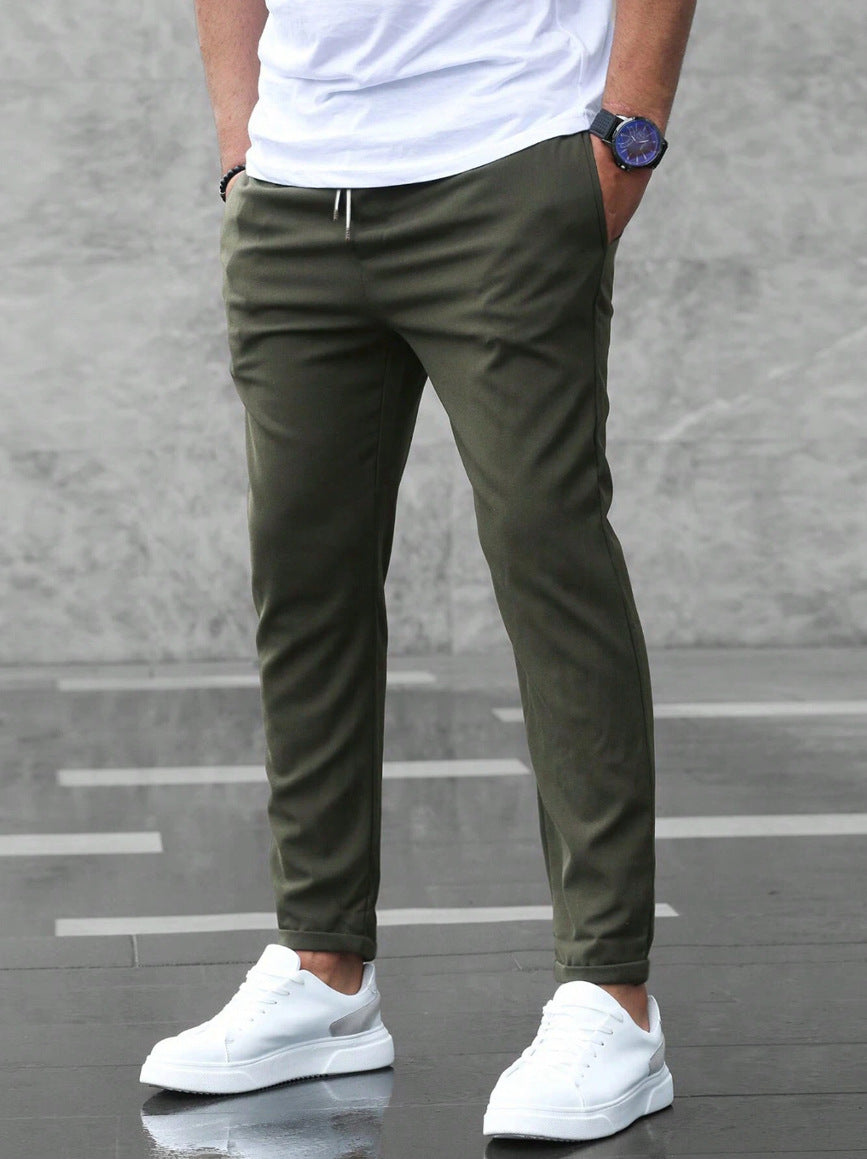 Men's Slim Fit Trousers – Cotton Drawstring Waist with Pockets