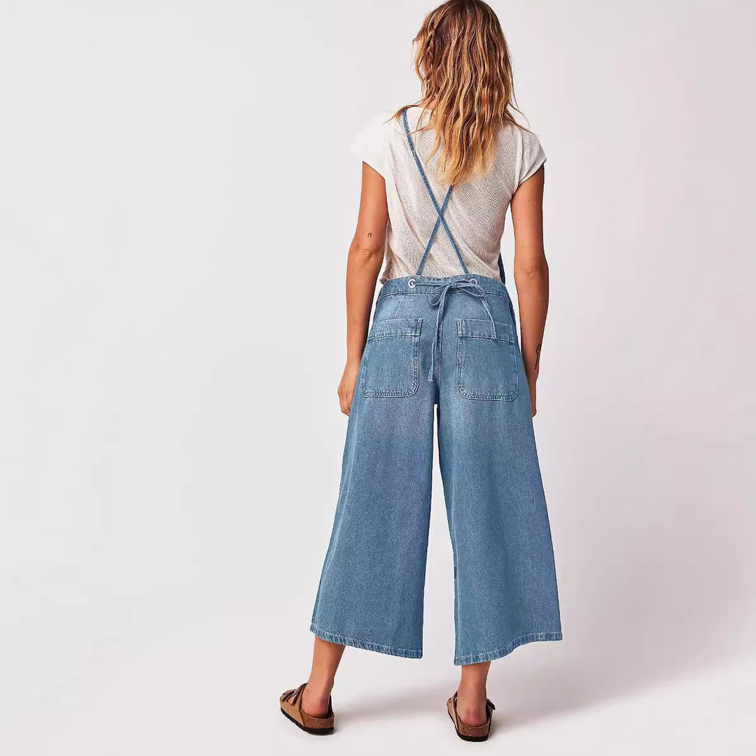 Women's Denim Jumpsuit for – Adjustable Cotton Straps, Relaxed Wide Leg