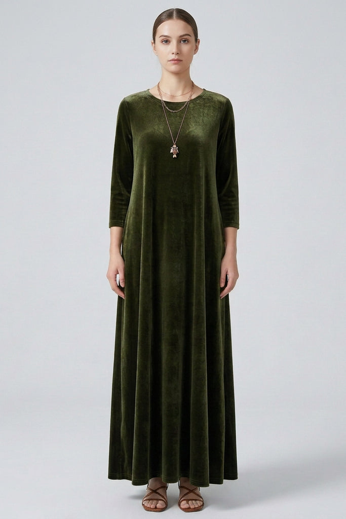 Women's Velvet Maxi Dress– A-Line, 3/4 Sleeve Evening Gown