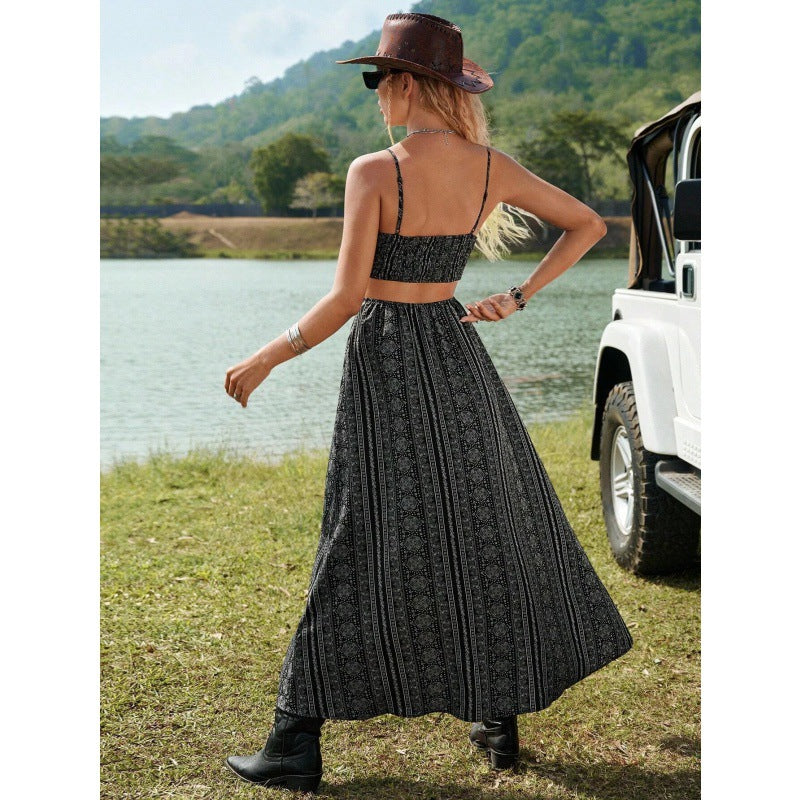 Women's Slip Dress – Floral Print Backless Strappy with Slit Detail