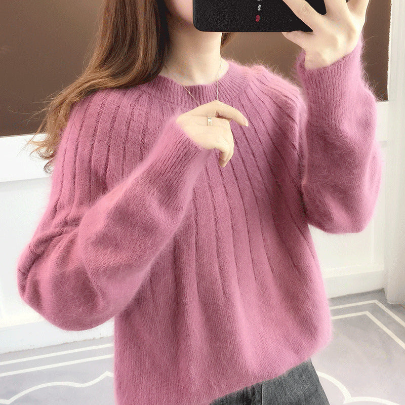 Women's Crew Neck Knitted Pullover Sweater – Soft Short Silhouette