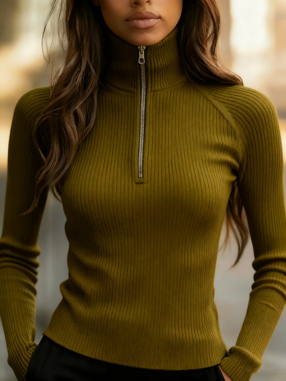 Women's Knit Slim Fit Top – Mock Neck Pullover Base Layer