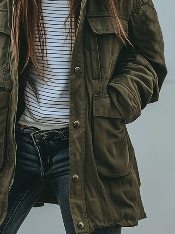 Women's Workwear Windbreaker Jacket – Detachable Fur Collar, Loose Fit