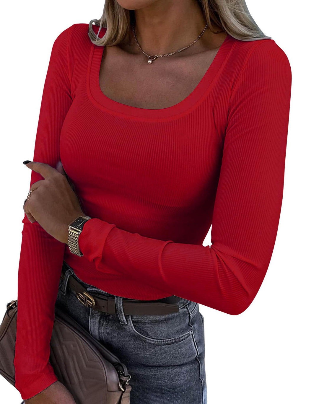 Women's Slim-Fit Ribbed Long-Sleeve T-Shirt – U-Neck with Side Slits