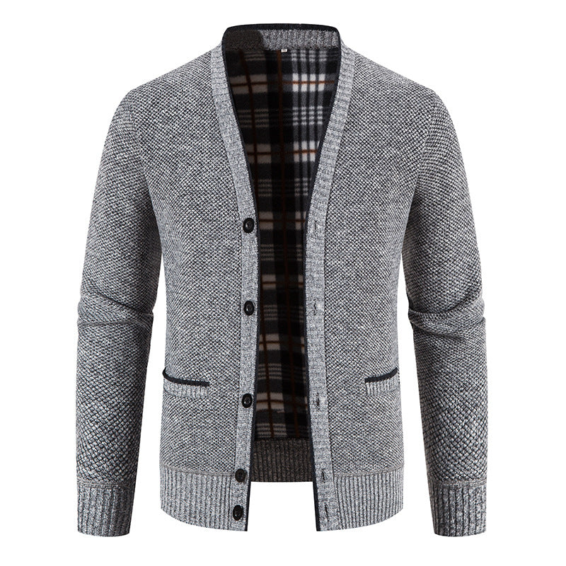 Men's Knitted Cardigan Sweater – Plush V-Neck Long Sleeve Rib Hem