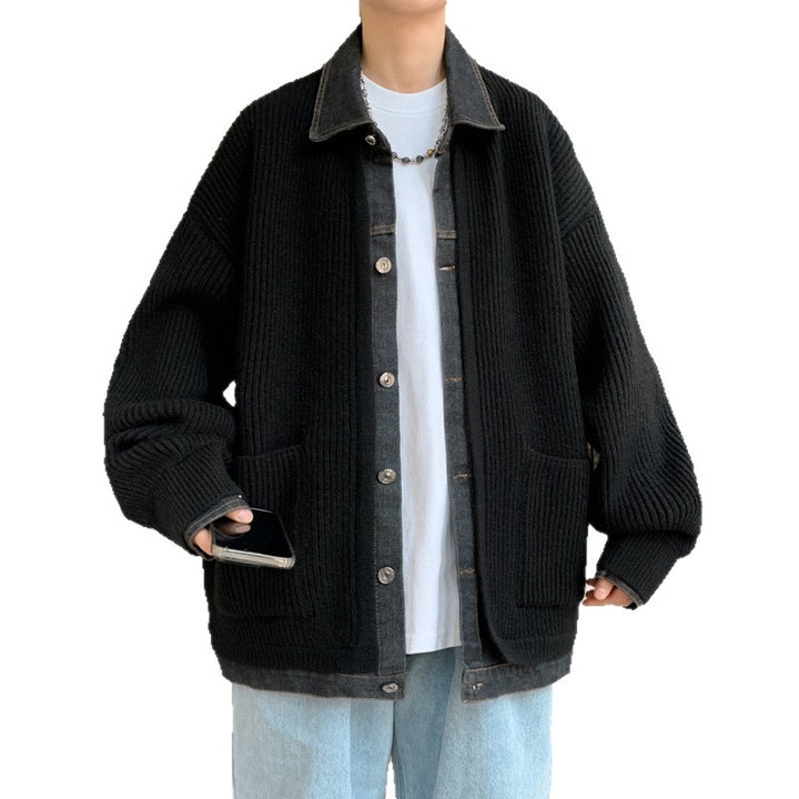 Men's Knitted Cardigan – Cotton & Rabbit Fur Coat with Denim Patches