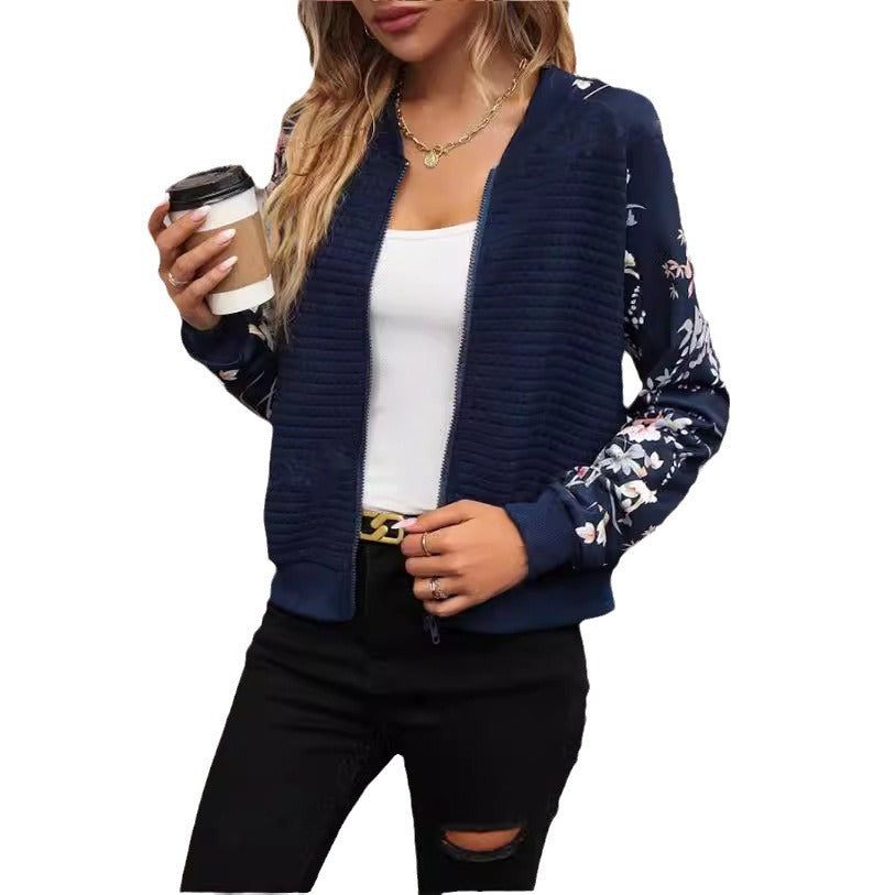 Women's Printed Casual Jacket – Botanical Pattern Raglan Sleeves