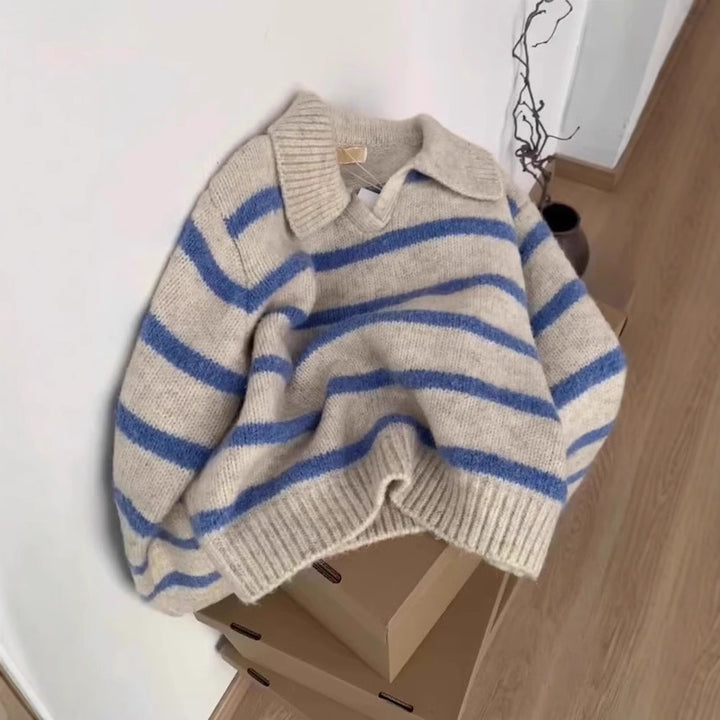 Women's Striped Sweater – Polo Collar Regular Fit Pullover Knit