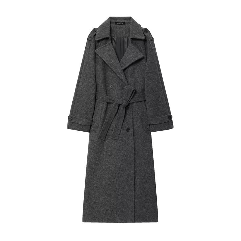 Women's Double-Breasted Long Coat – Belted, Notch Lapel Silhouette