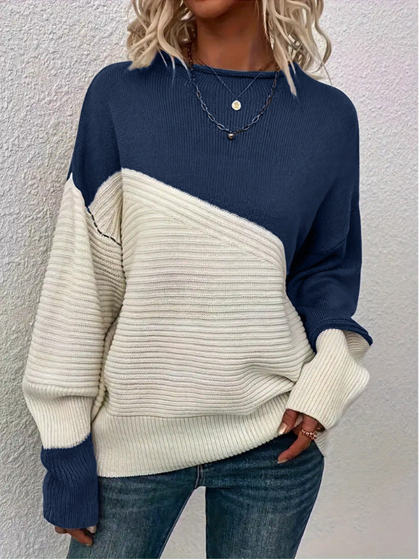 Women's Sweater – Contrast Stitch Pullover, Relaxed Knit Drape