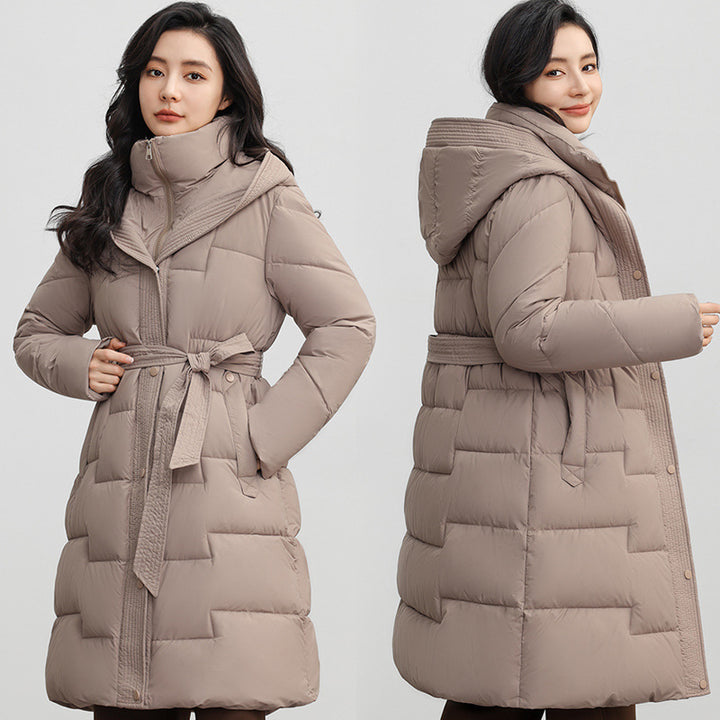 Women's Hooded Down Cotton Coat with Adjustable Waist