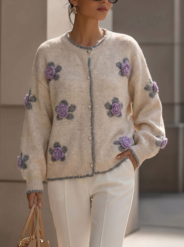 Women's Knit Cardigan – 3D Floral Appliqué and Scalloped Detailing