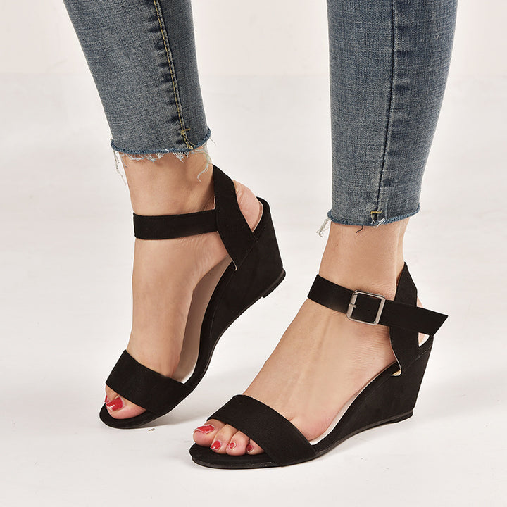 Women's Heeled Sandal – Buckled Peep Toe with Wide Fit
