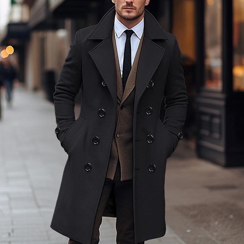 Men's Long Double-Breasted Overcoat – Wide Lapel Tailored Fit