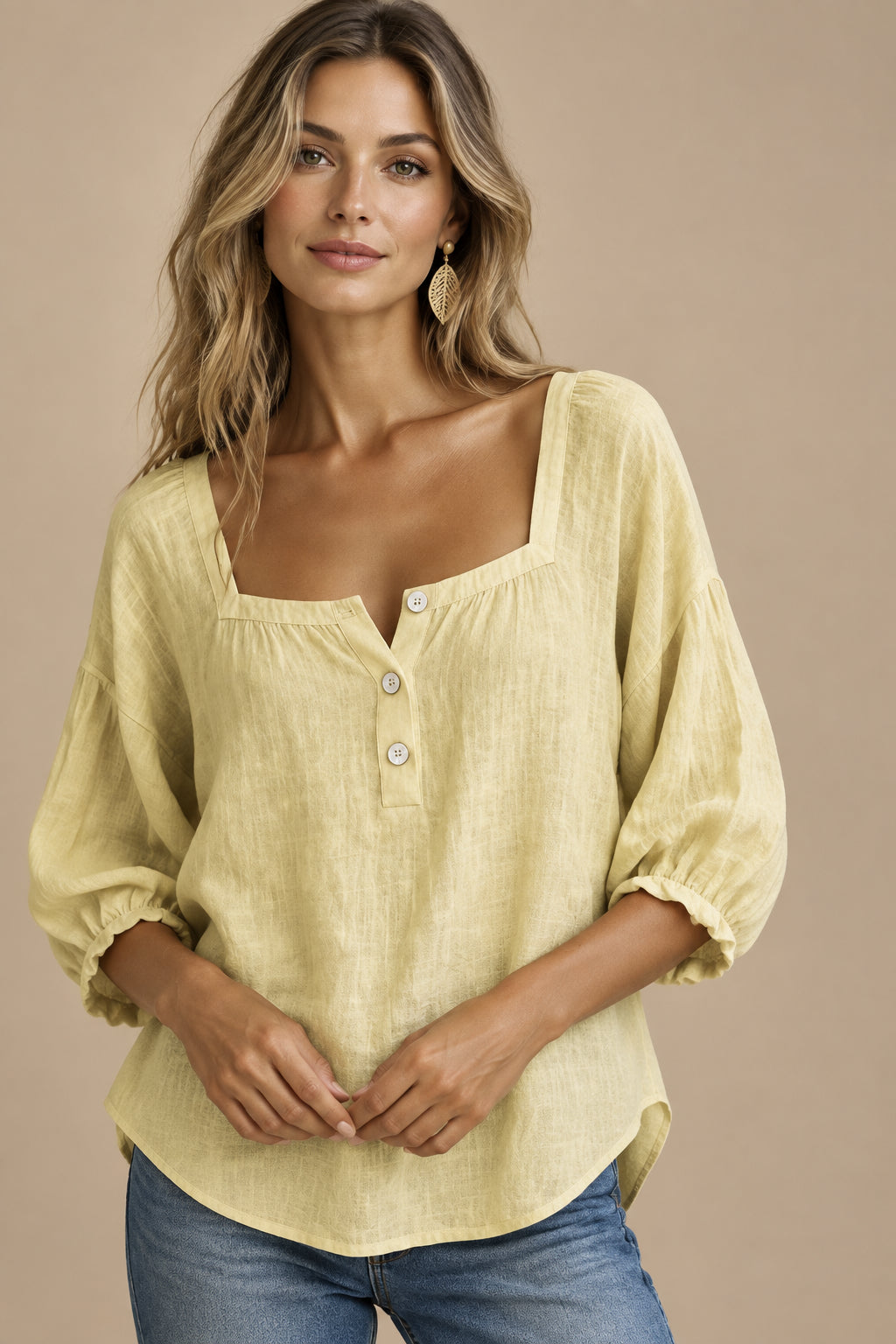 Women's Ramie Cotton Long Sleeve T-Shirt – Loose Fit, Buttons