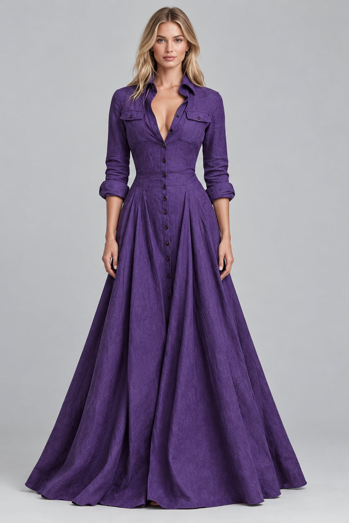 Women's Maxi Dress – Button-Down, Flared, Long Sleeve, High Waist Cotton