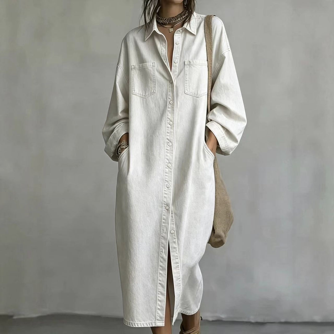 Women's Denim Look Shirt Dress – Loose Fit Single-Breasted Style