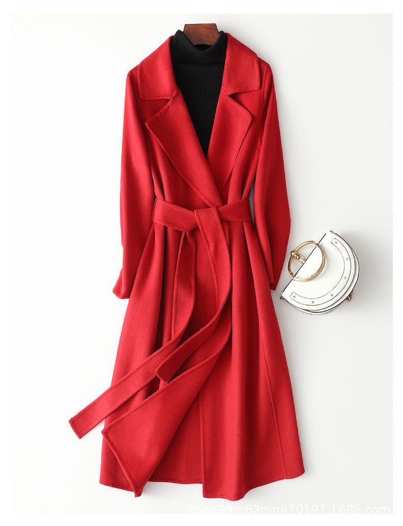Women's Wrap Coat – Wool-Blend Mid-Length Slim Fit with Belted Waist