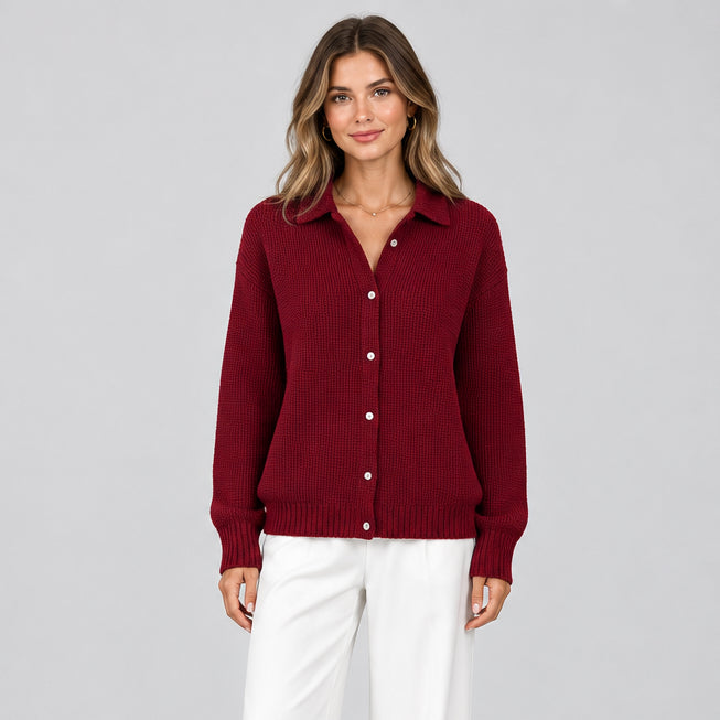 Women's Knitted Sweater with Lapel – Button Front, Relaxed Fit