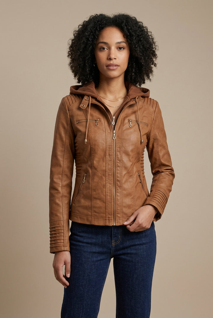 Women's Hooded Vegan Leather Jacket – Detachable Hood & Pockets