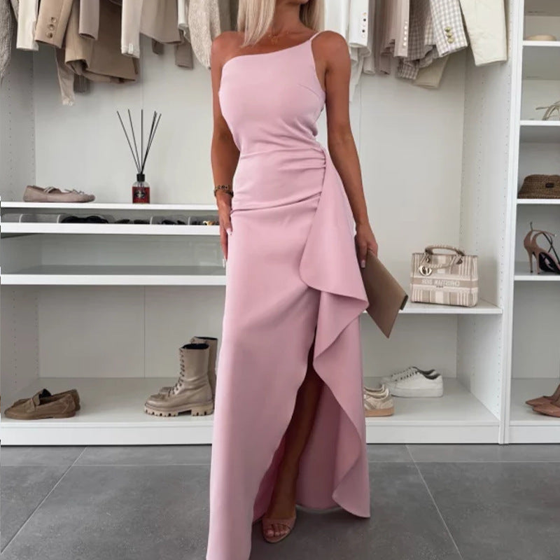 Women's One-Shoulder Maxi Dress – High Waist A-Line, Slit Detail