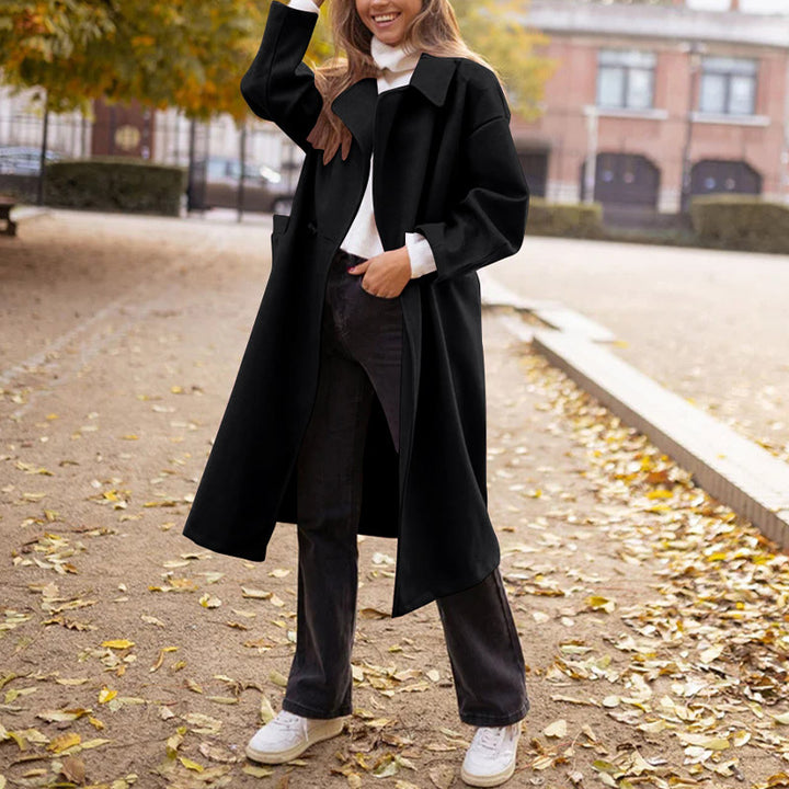 Women's Lengthened Collar Overcoat – Relaxed Silhouette Button Detail