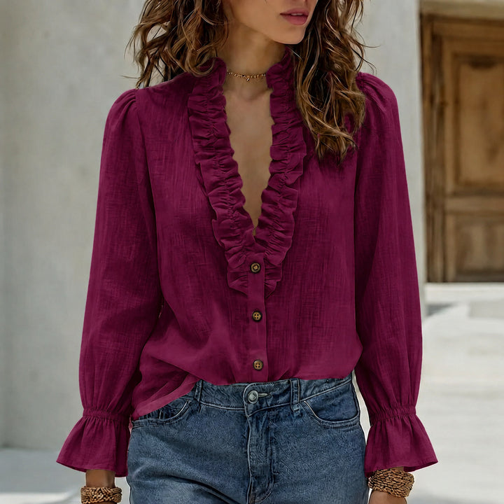 Ruffle Trim V-Neck Blouse for Women – Lightweight Long Sleeve Top
