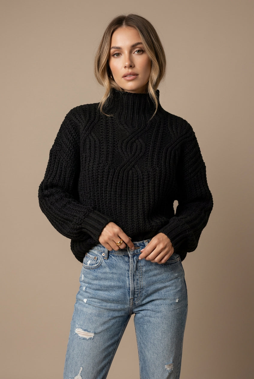 Women's High Neck Sweater – Chunky Ribbed Twist Knit Pullover