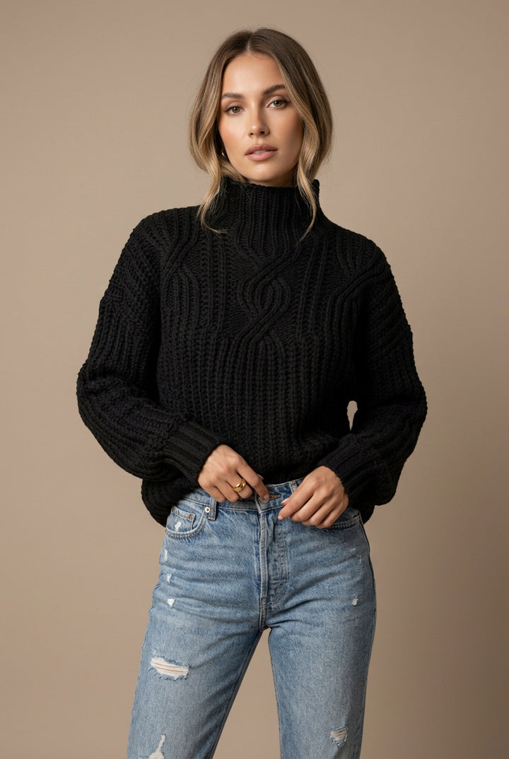 Women's High Neck Sweater – Chunky Ribbed Twist Knit Pullover