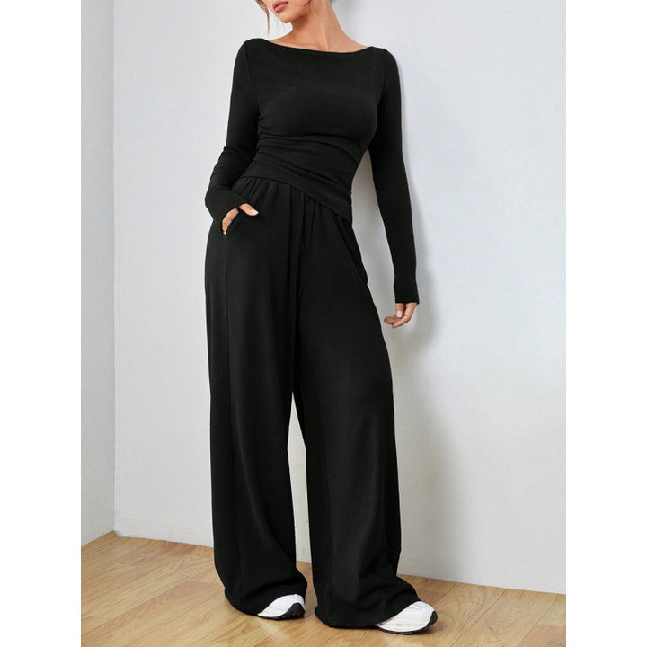 Women's Two Piece Set – Cotton Long Sleeve Suit with Relaxed Trousers