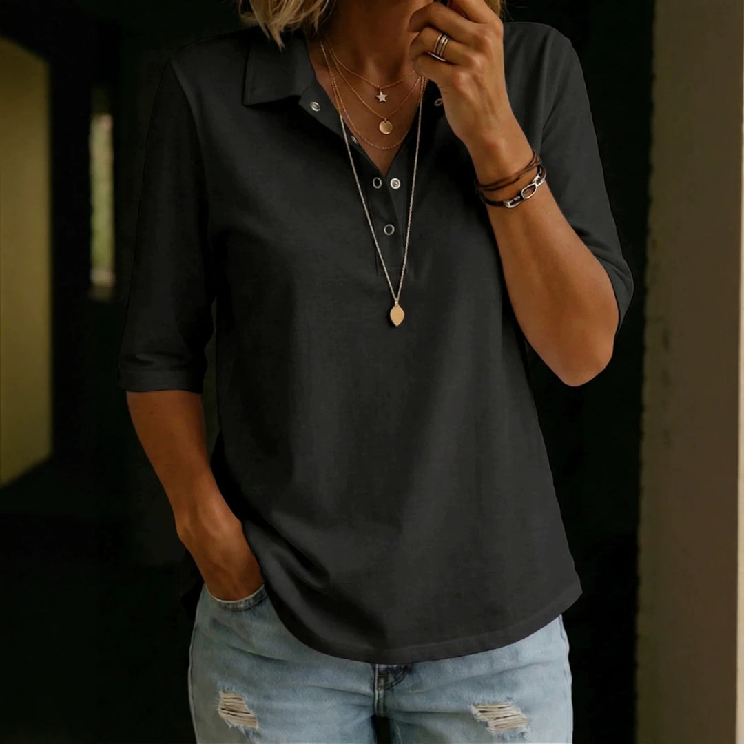 Three-Quarter Sleeve Cotton Blouse for Women – Relaxed Lapel Placket
