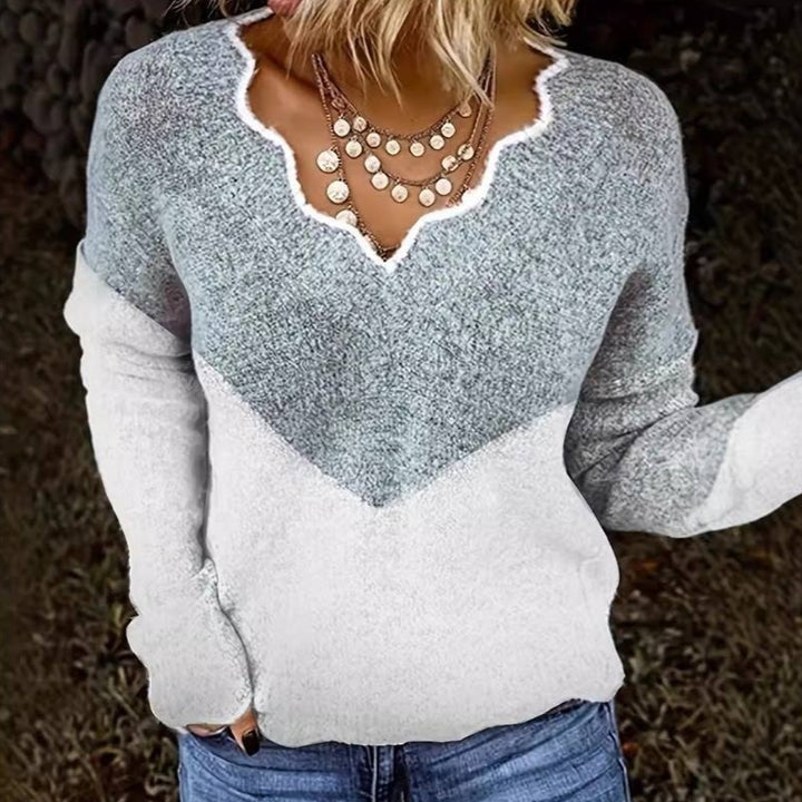 Women's V-Neck Colorblock Knit Sweater – Relaxed Long Sleeve Pullover